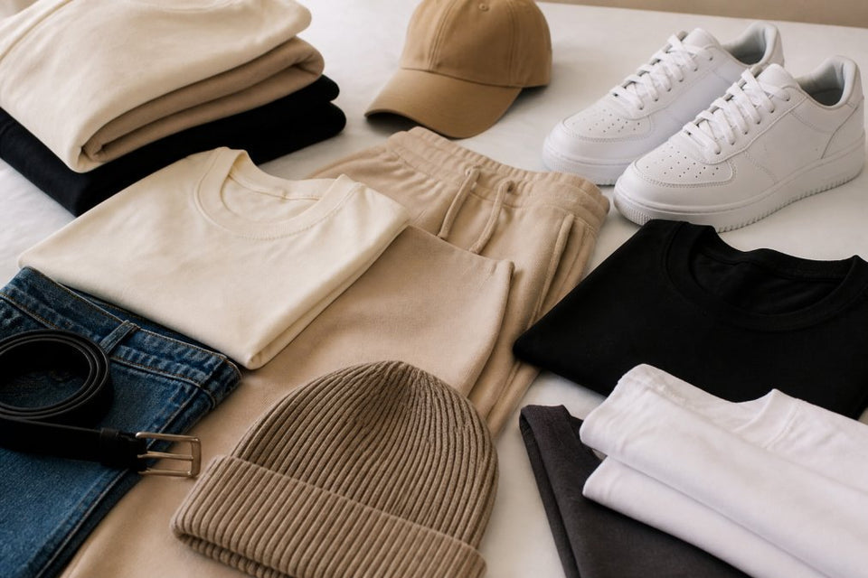 Stylish everyday fashion essentials including folded T-shirts, beige trousers, a black T-shirt, caps, white sneakers, jeans, and accessories in neutral colors.